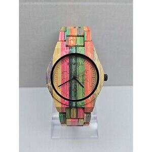 Bewell Colorful Bamboo Wood Watch Quartz Analog 40mm Floral Unisex New Battery
